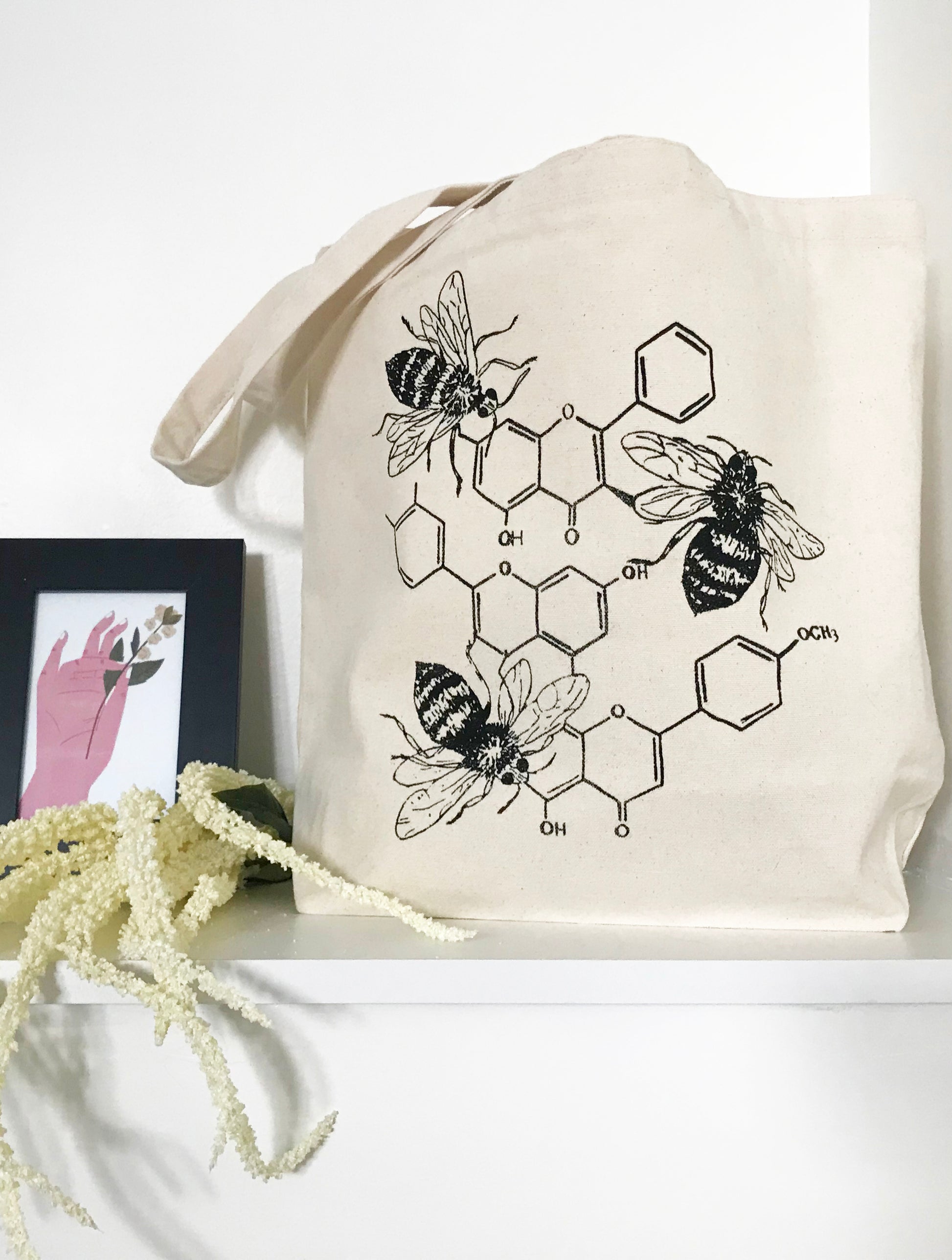 cream cotton tote bag farmers market bees hive honey hand drawn illustration black screen print coin laundry reusable shopping bag scientific chemical structure