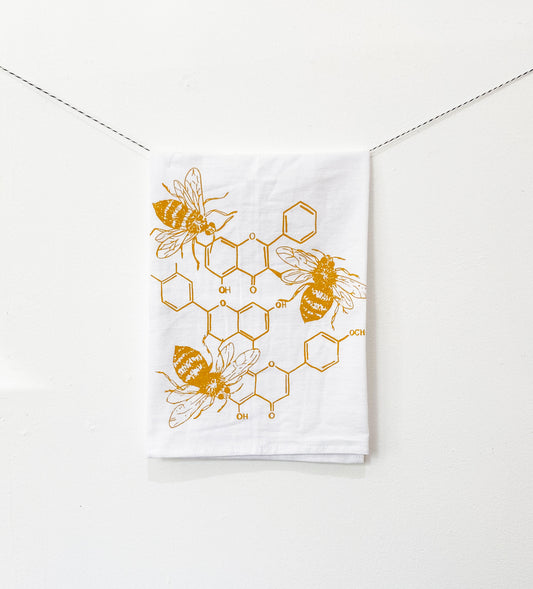 cotton kitchen dish towel honey bee honeycomb chemistry yellow ochre screen print cute home decor coin laundry montana