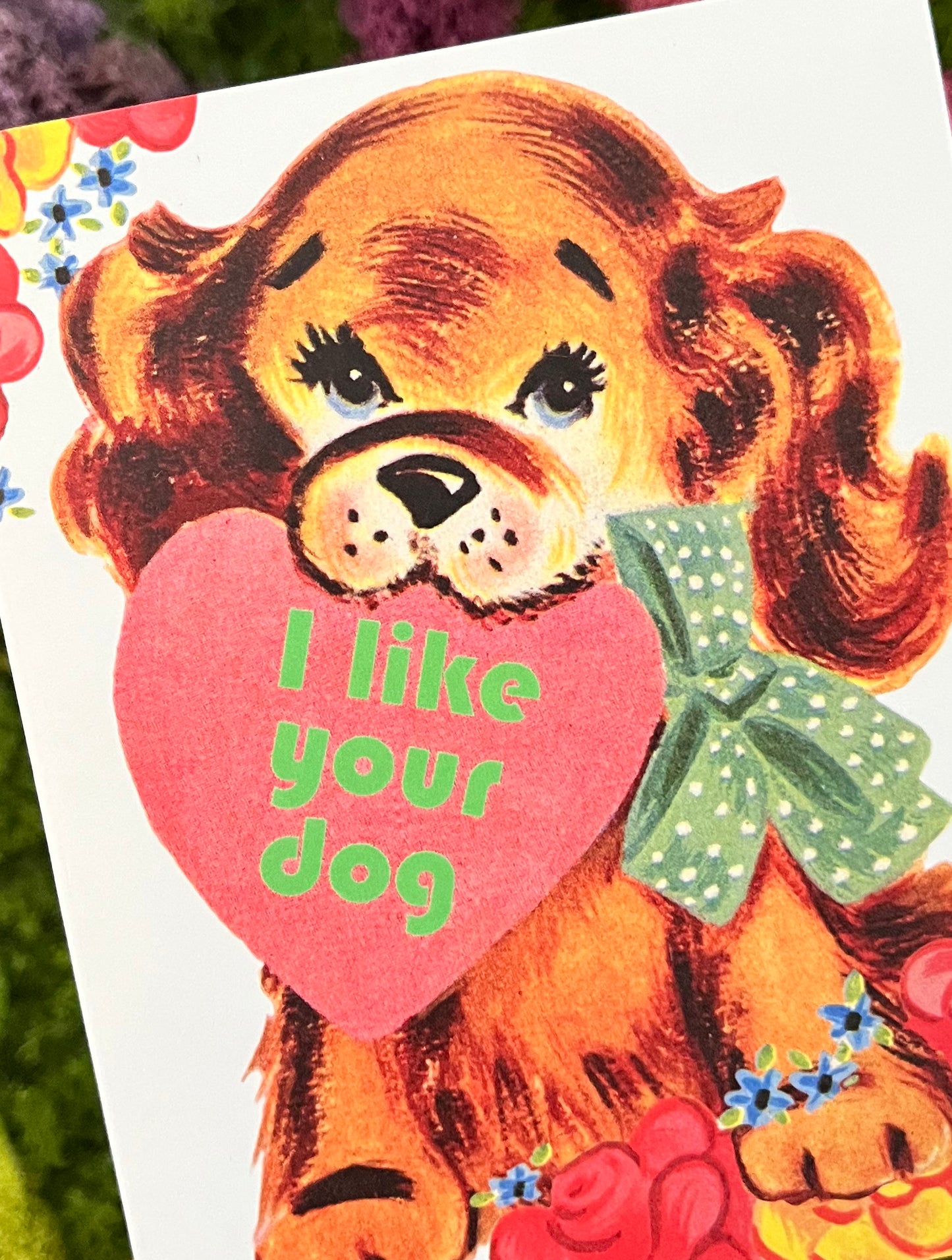 adorable retro cute dog puppy with heart flowers bow says i like your dog card coin laundry montana funny valentine dog lover cards