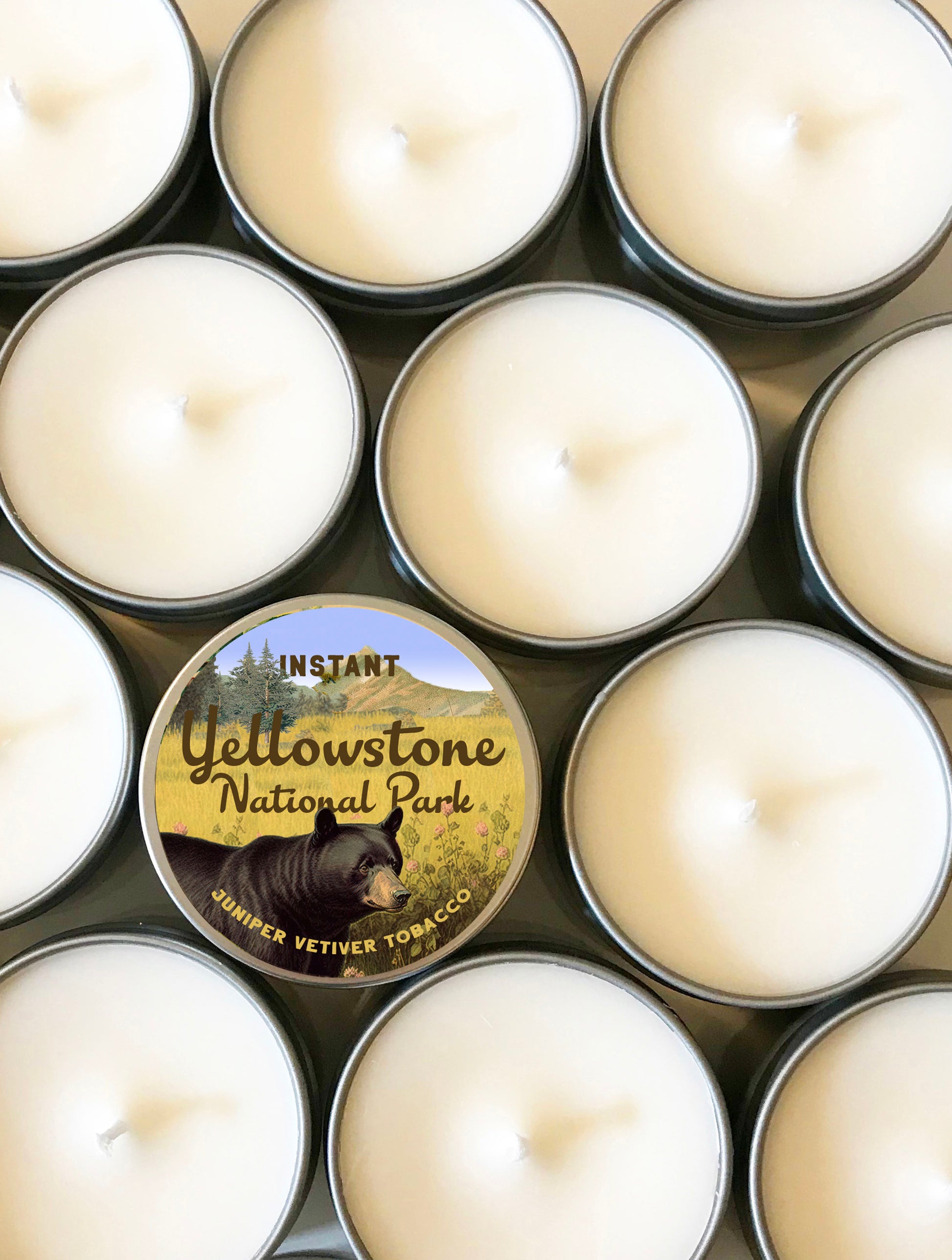cute scented candle travel tin instant yellowstone national park montana wyoming idaho outdoor lover hiking mountain biking backpacking camping tent cabin 