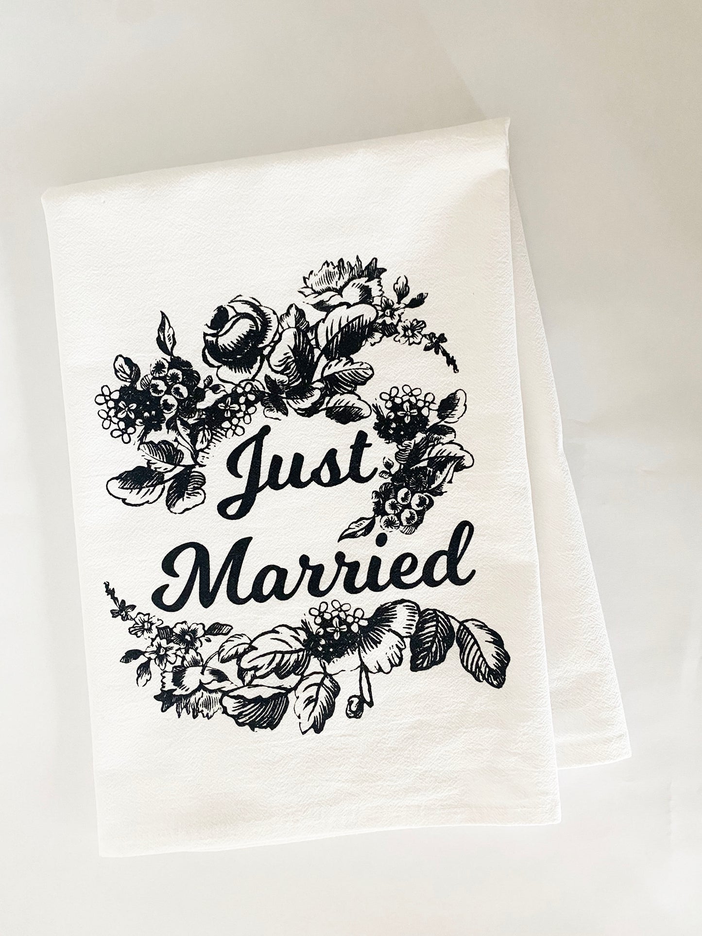 pretty floral just married cotton tea towel wedding gift for couple lbgtq friendly housewarming gift bridal shower gift coin laundry fun screen printed kitchen towels vintage flowers