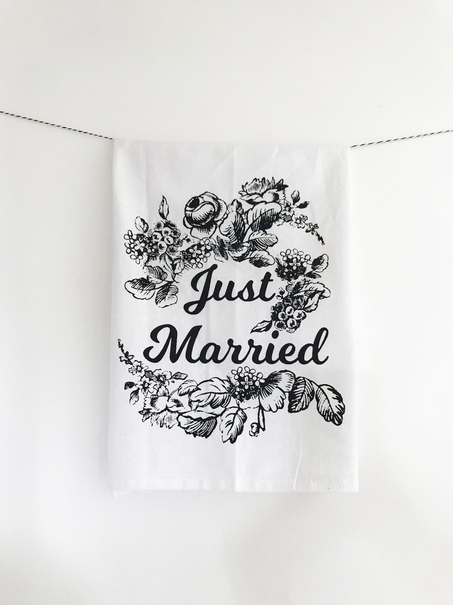 screen printed tea towel just married hand illustrated floral design black and white flowers on cotton kitchen towel coin laundry fun home decor 