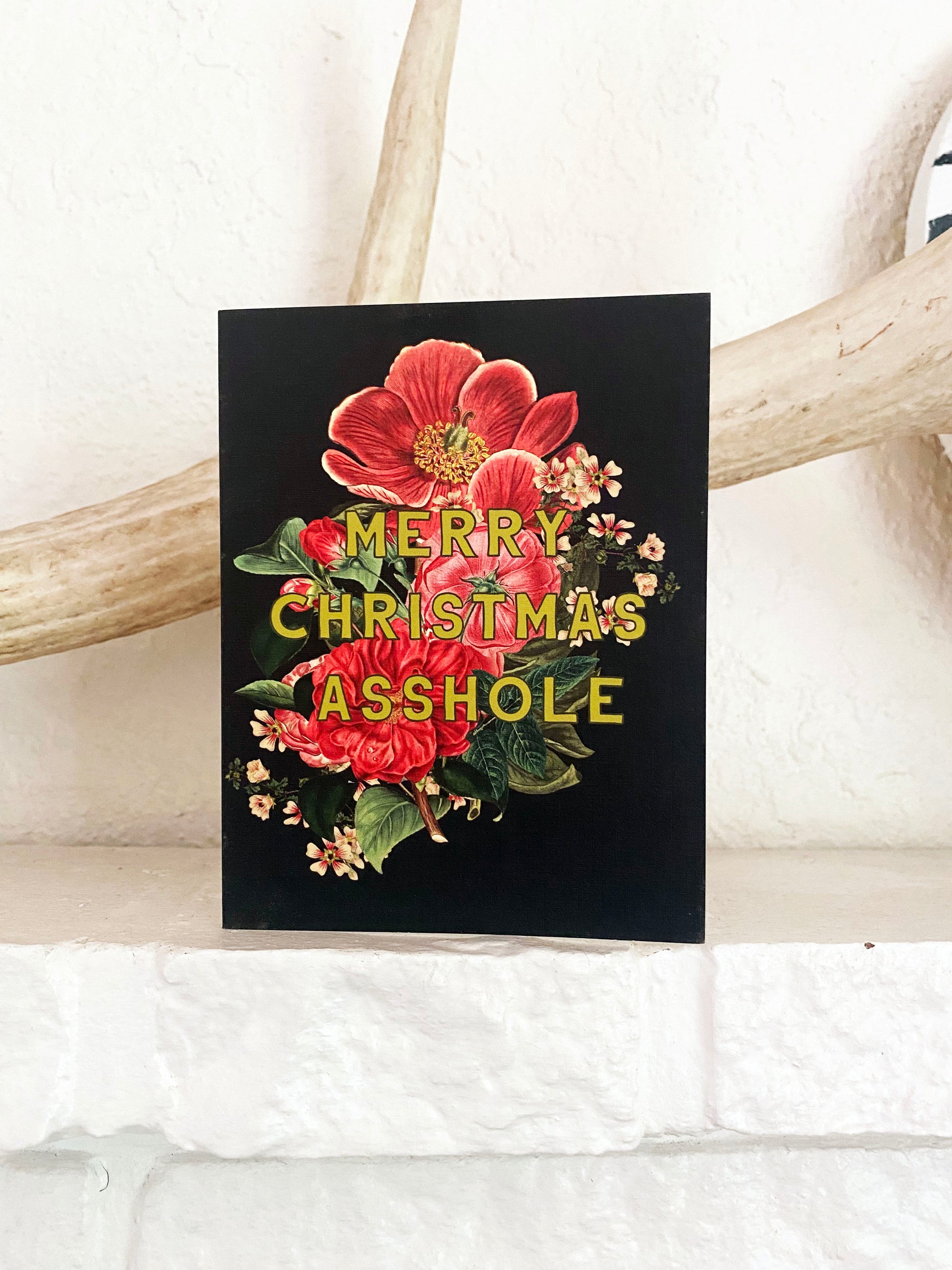 funny christmas note card notecard greeting card merry christmas asshole retro vintage floral flowers reds cream green leaves cute blank inside holiday gift