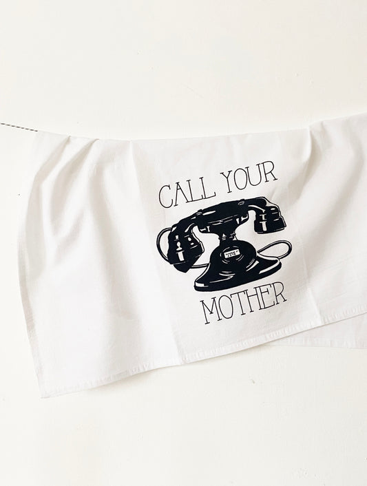 cotton tea towel with vintage rotary telephone funny phrase call your mother screen print