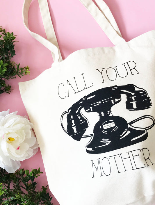 cotton cream canvass tote bag funny call your mother vintage rotary telephone coin laundry screen print beach
