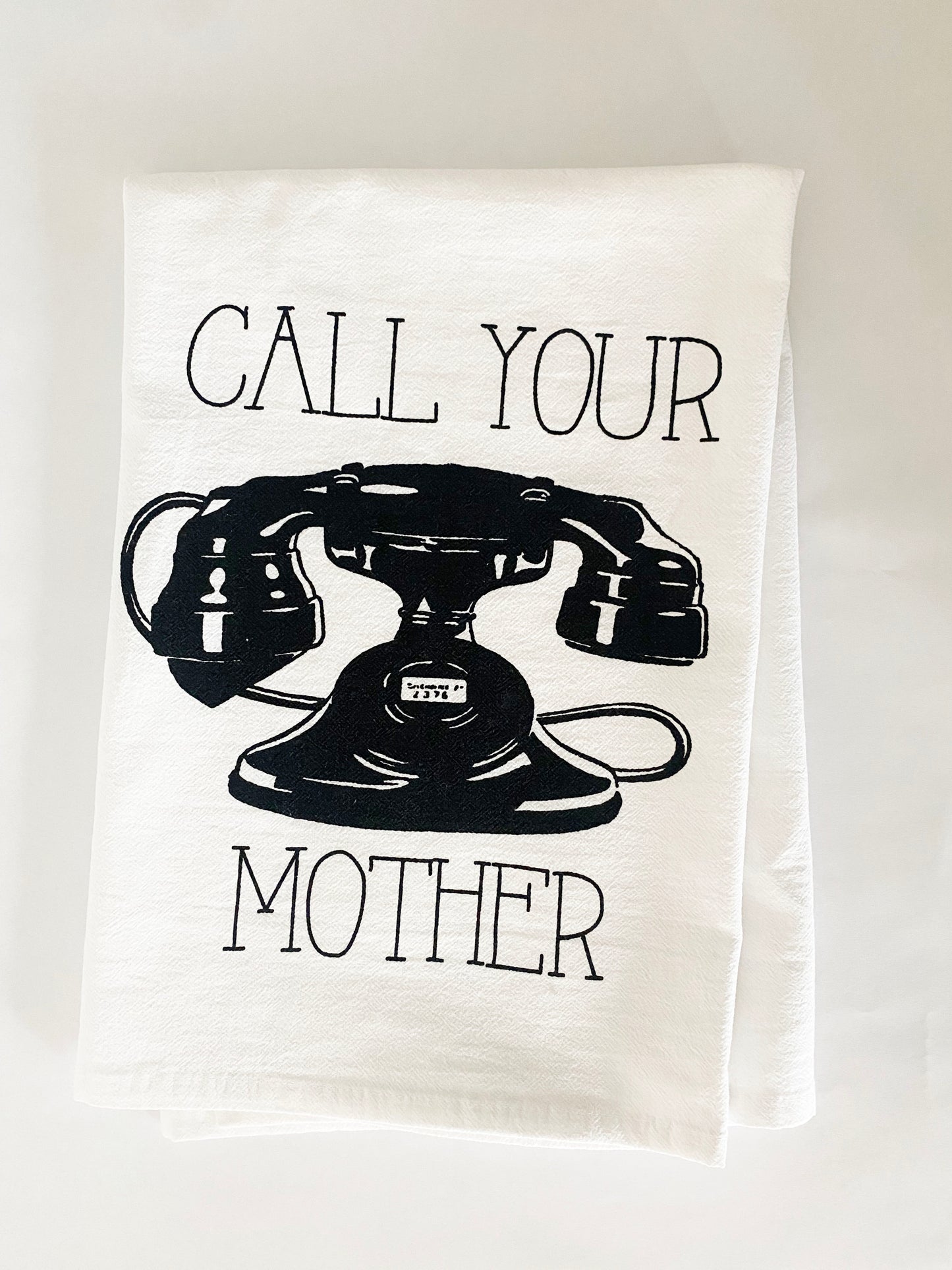 kitchen dish tea towel call your mother reminder vintage telephone black and white screen print home decor coin laundry