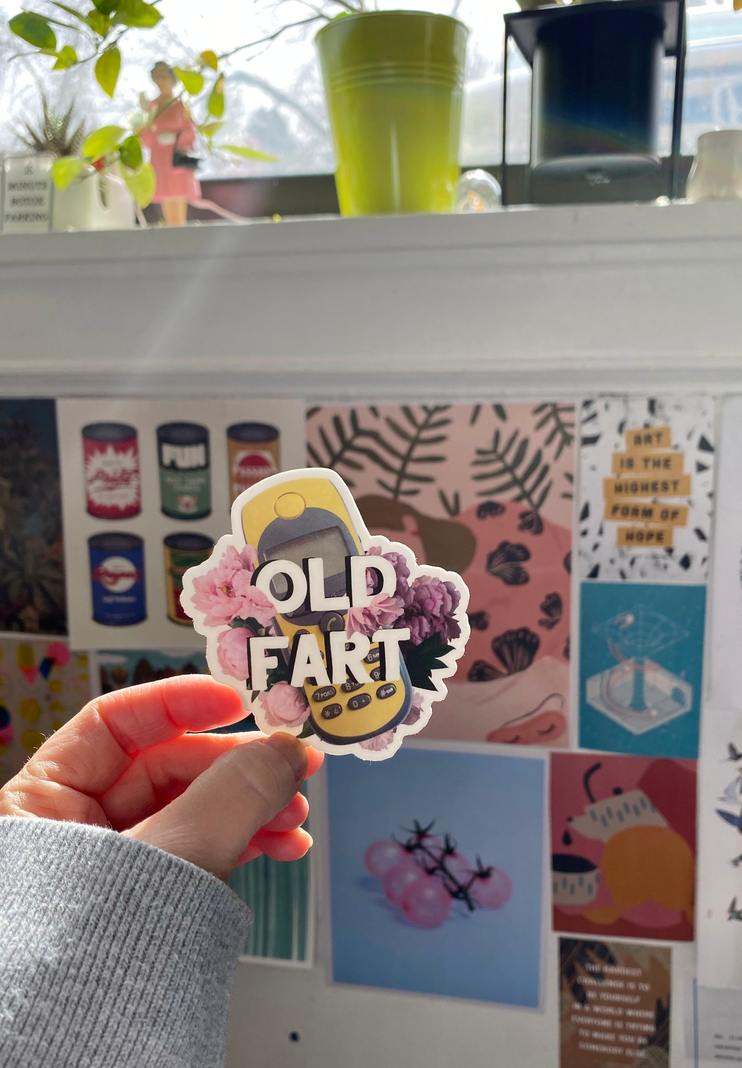 funny old fart sticker with vintage nokia cell phone flowers snarky fun stickers coin laundry montana