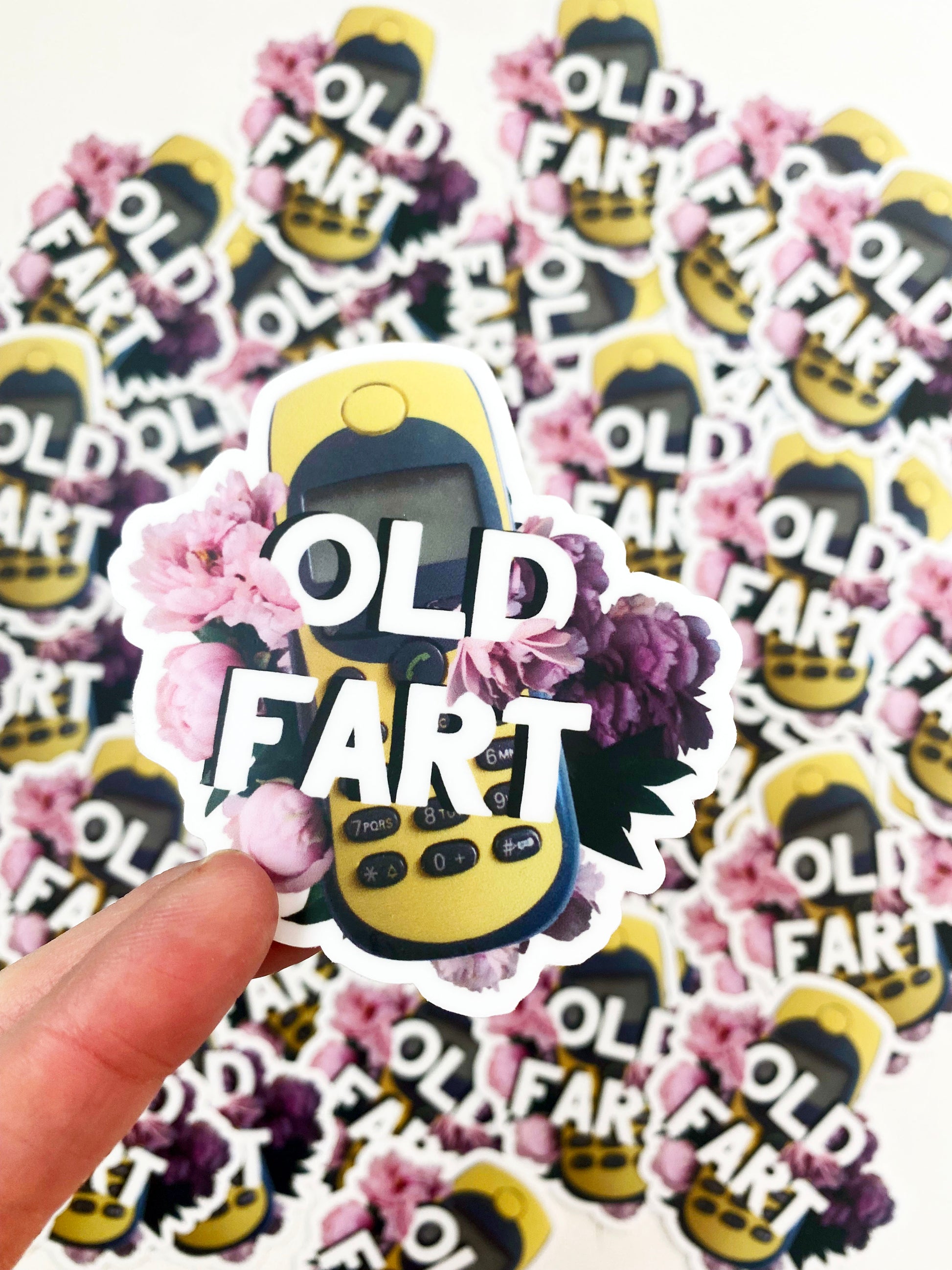 old fart sticker 90s 2000s cell phone with flowers says old fart funny stickers coin laundry montana