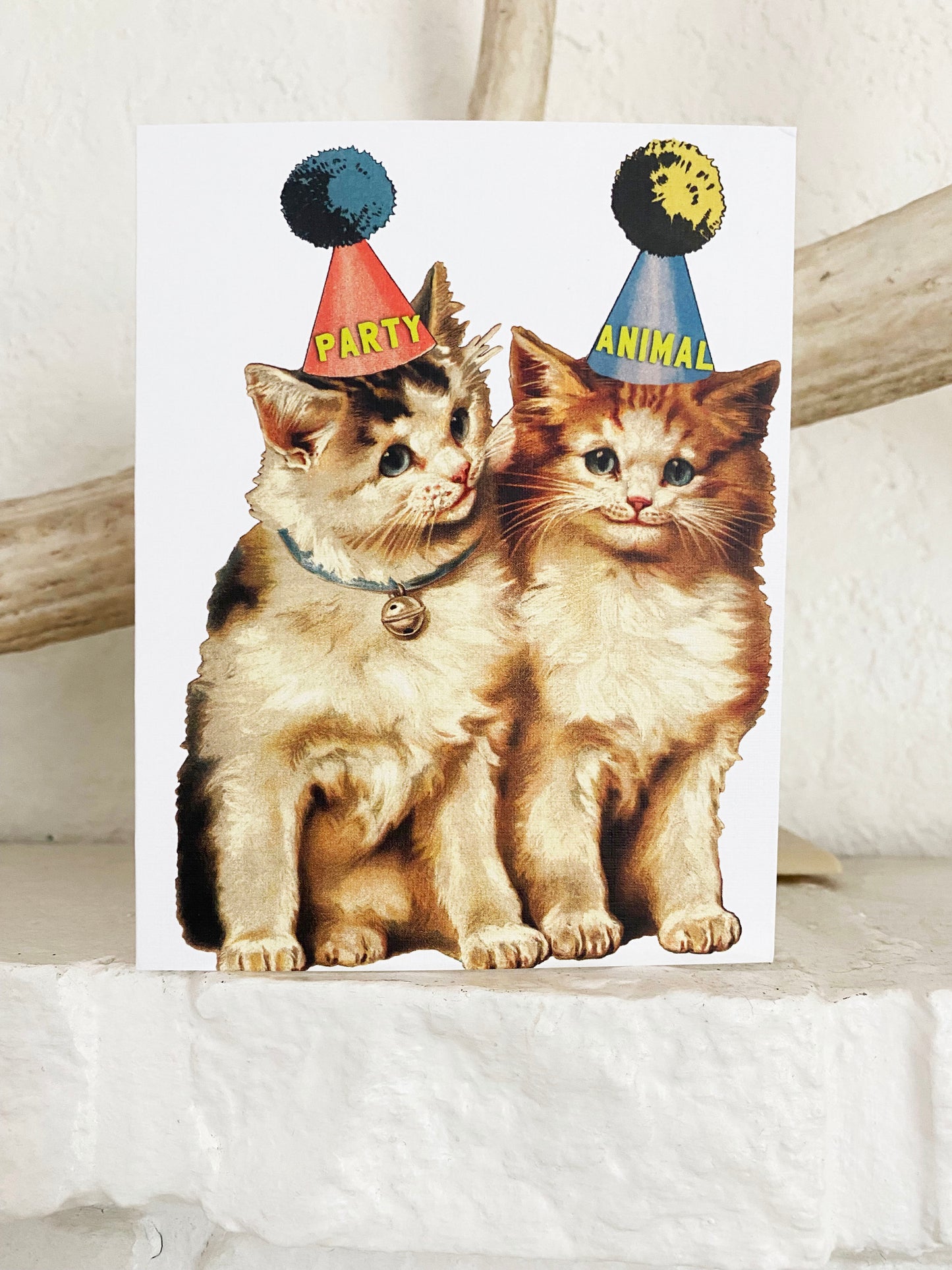 greeting card party animal vintage cats kittens wearing party hats any occasion birthday congratulations celebrate blank inside 
