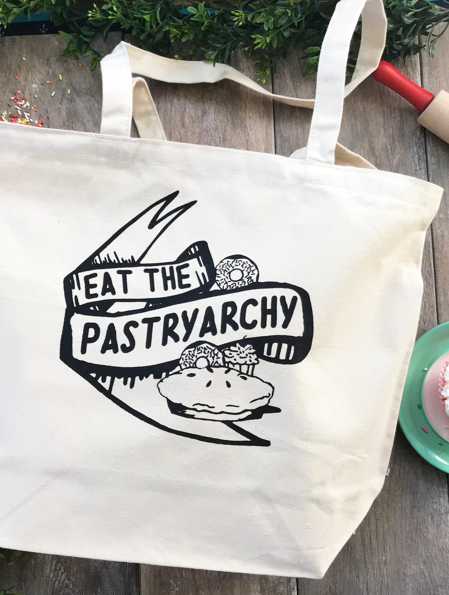 funny cotton canvas tote with ribbon retro style donuts and pie baked goods with pun eat the pastryarchy feminist bag coin laundry screen print