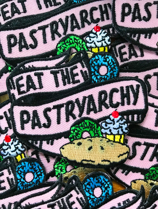no sew iron on patch funny feminist patriarchy baked goods pie donut cupcake eat the pastryarchy