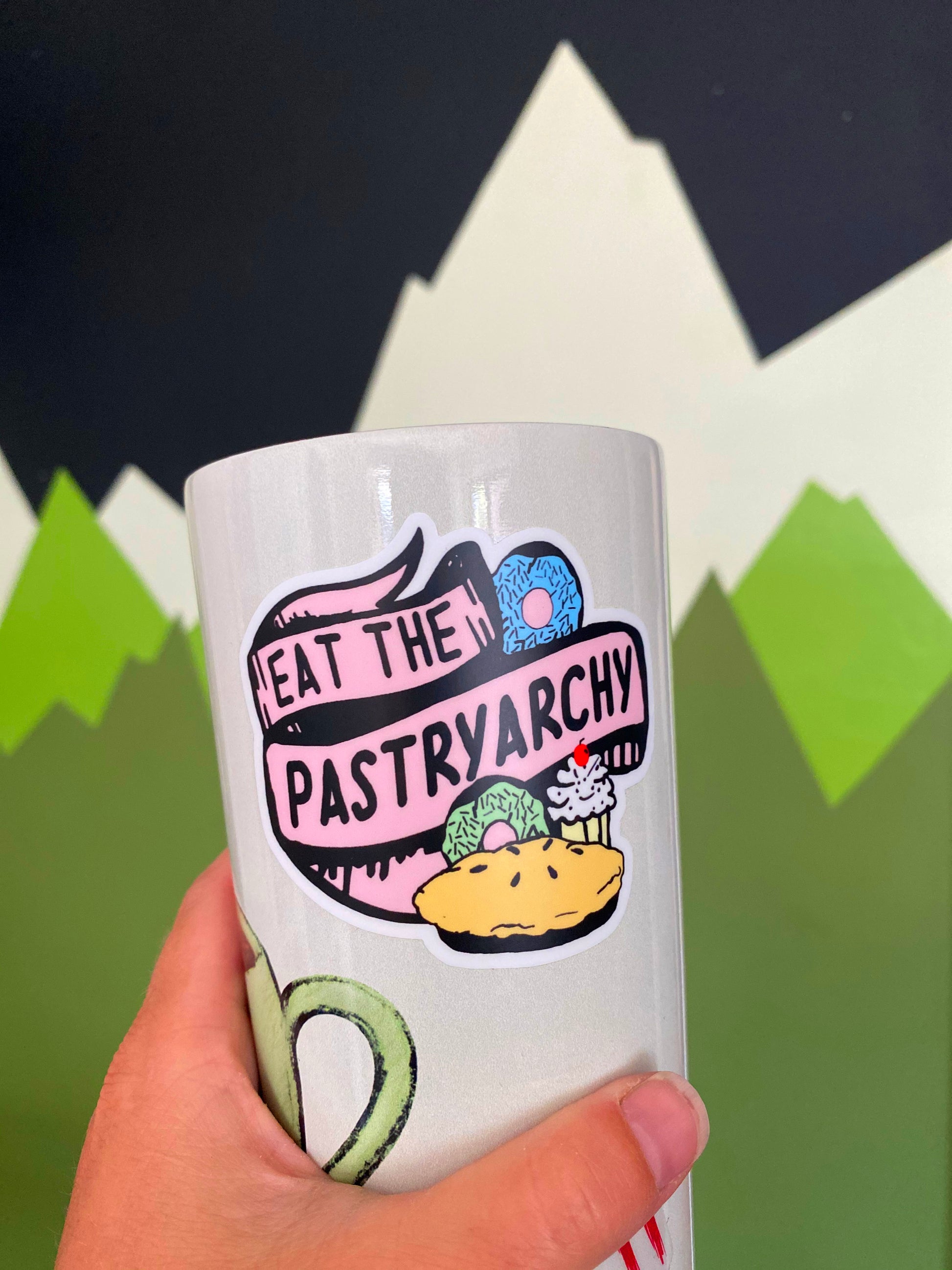 cute snarky sticker eat the pastryarchy patriarchy baked goods baking donuts pie cupcake feminism feminist coin laundry montana funny stickers decal