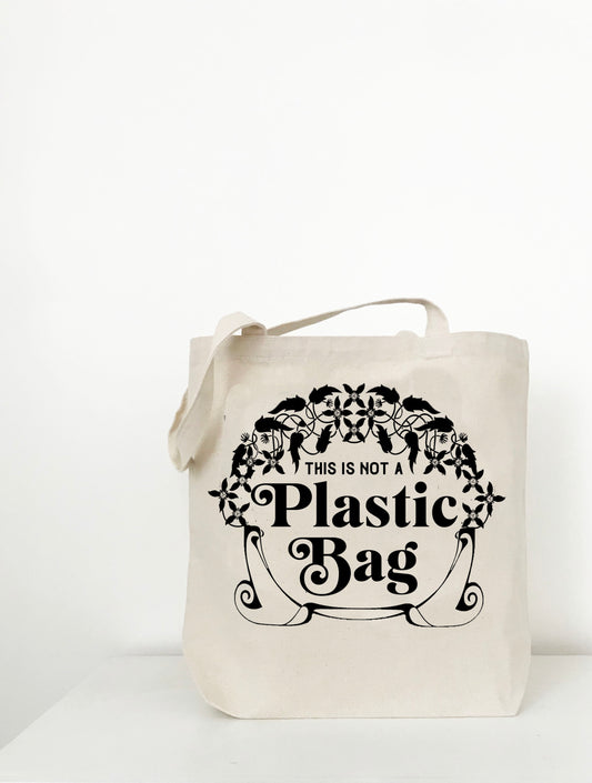 this is not a plastic bag cute canvas tote reusable grocery market tote retro design fun funny vintage style coin laundry screen print coin laundry 