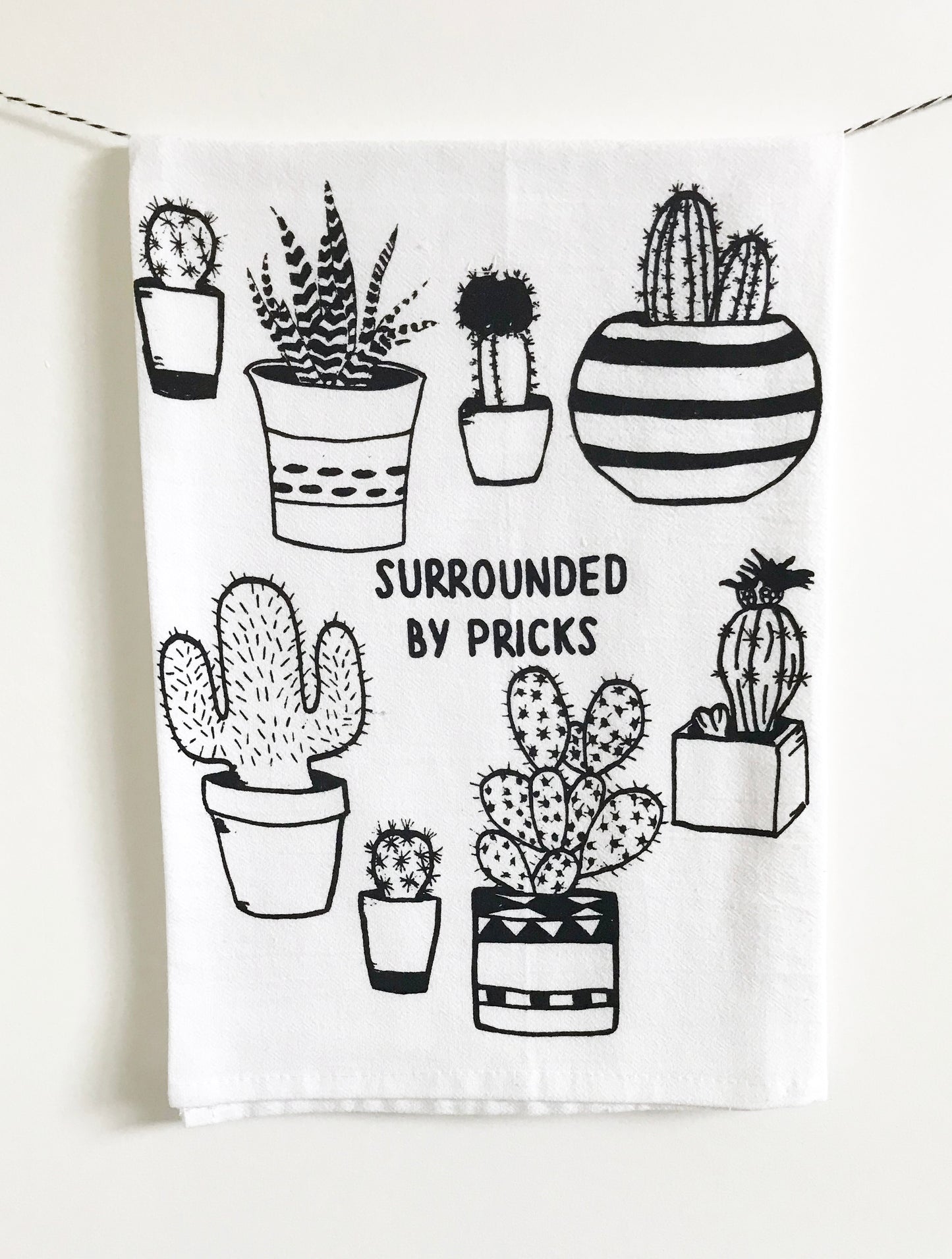 cotton dish towel funny cactus print with surrounded by pricks modern boho font succulents garden plants coin laundry screen print