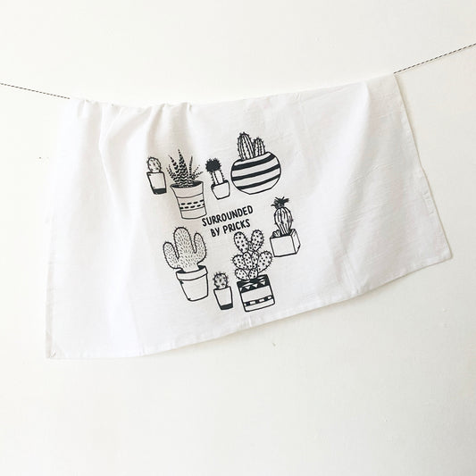 modern kitchen tea towel cacti desert garden print cute succulents surrounded by pricks funny boho coin laundry cactus screen print