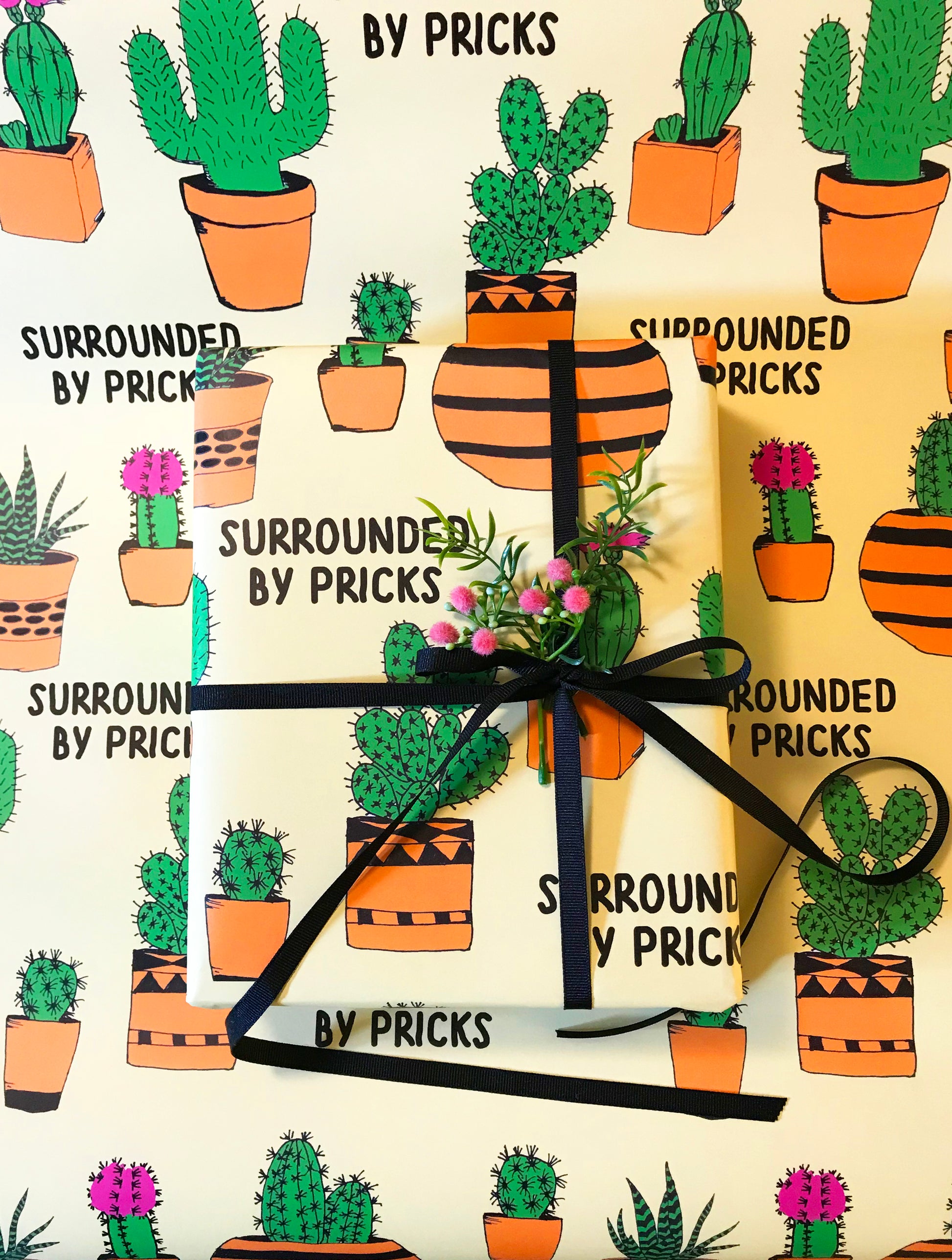 surrounded by pricks wrapping paper gift wrap funny joke any occasion birthday retirement christmas cactus cacti 