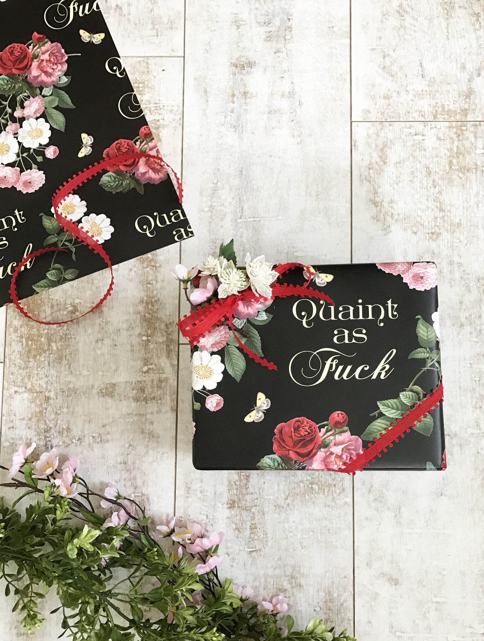 gift wrap paper quaint as fuck af black red pink white green flowers leaves adorable funny snarky coin laundry 