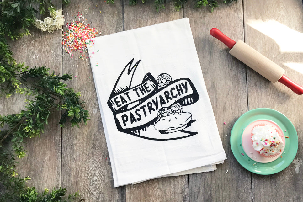feminist screen printed tea towel eat the pastryarchy down with the patriarchy cake donut cupcake sugar funny saying joke