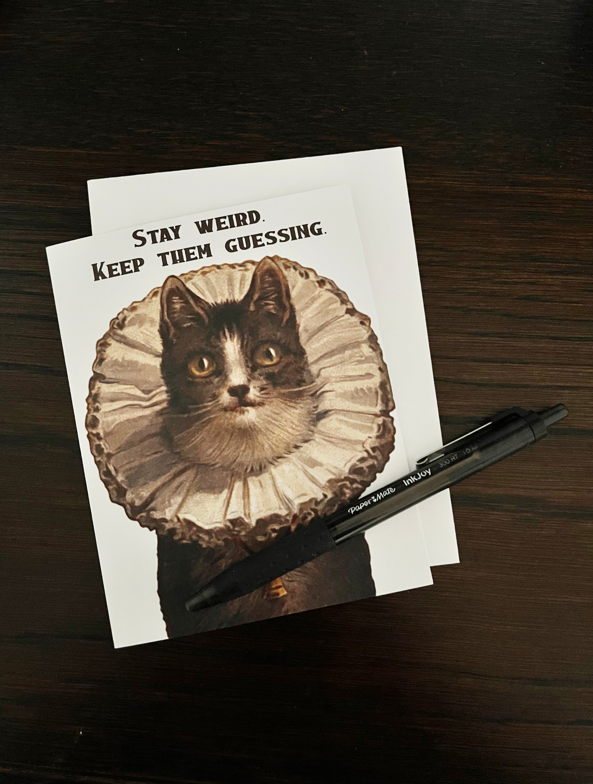 retro kitten victorian ruffle collar cute blank inside notecard greeting card fun silly kitty cat send mail snail mail letter gift says Stay Weird Keep Them Guessing
