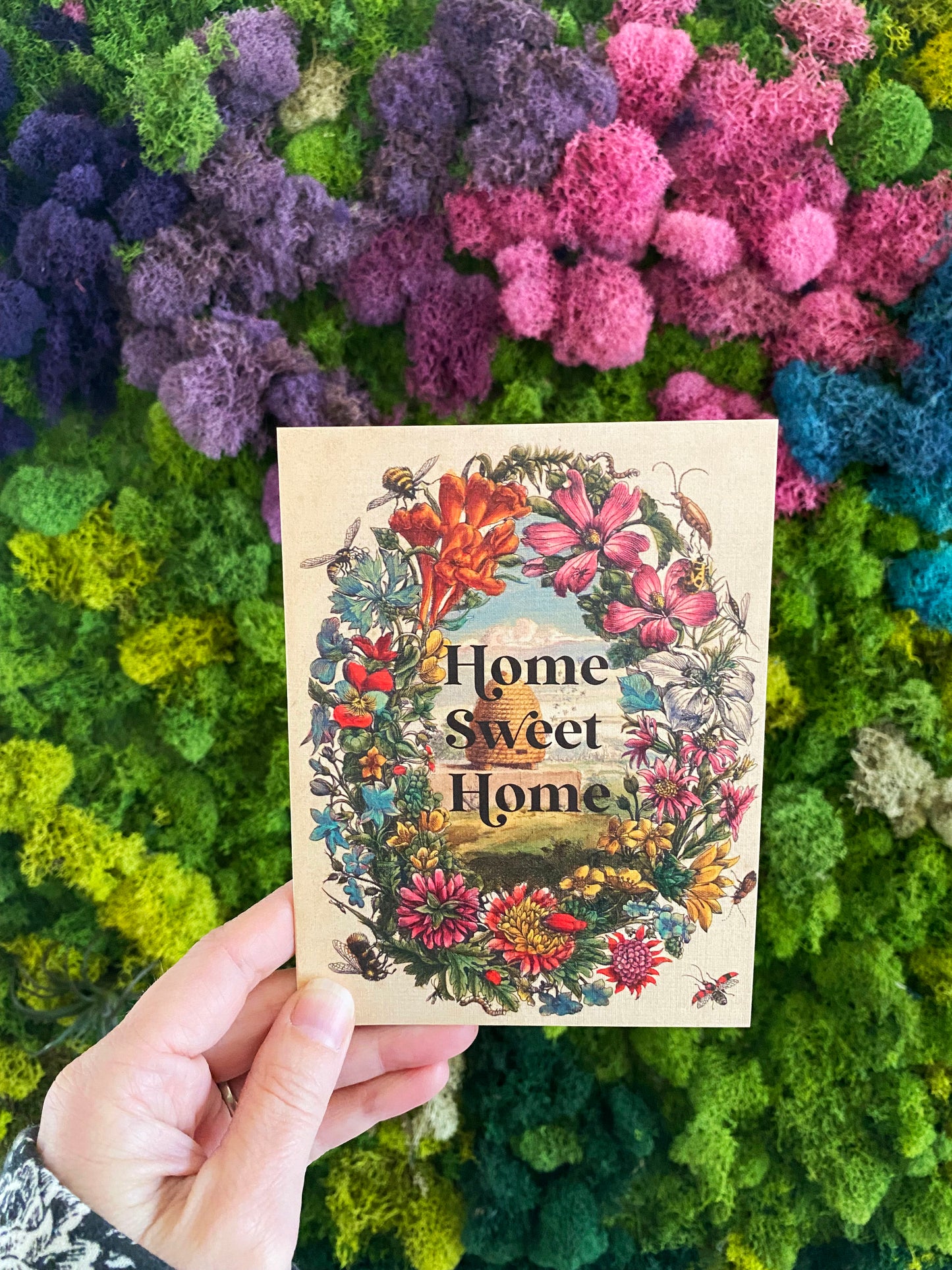 cute nature card with flowers pink blue bee beehive home sweet home housewarming card retro bee beehive bees honey coin laundry print card