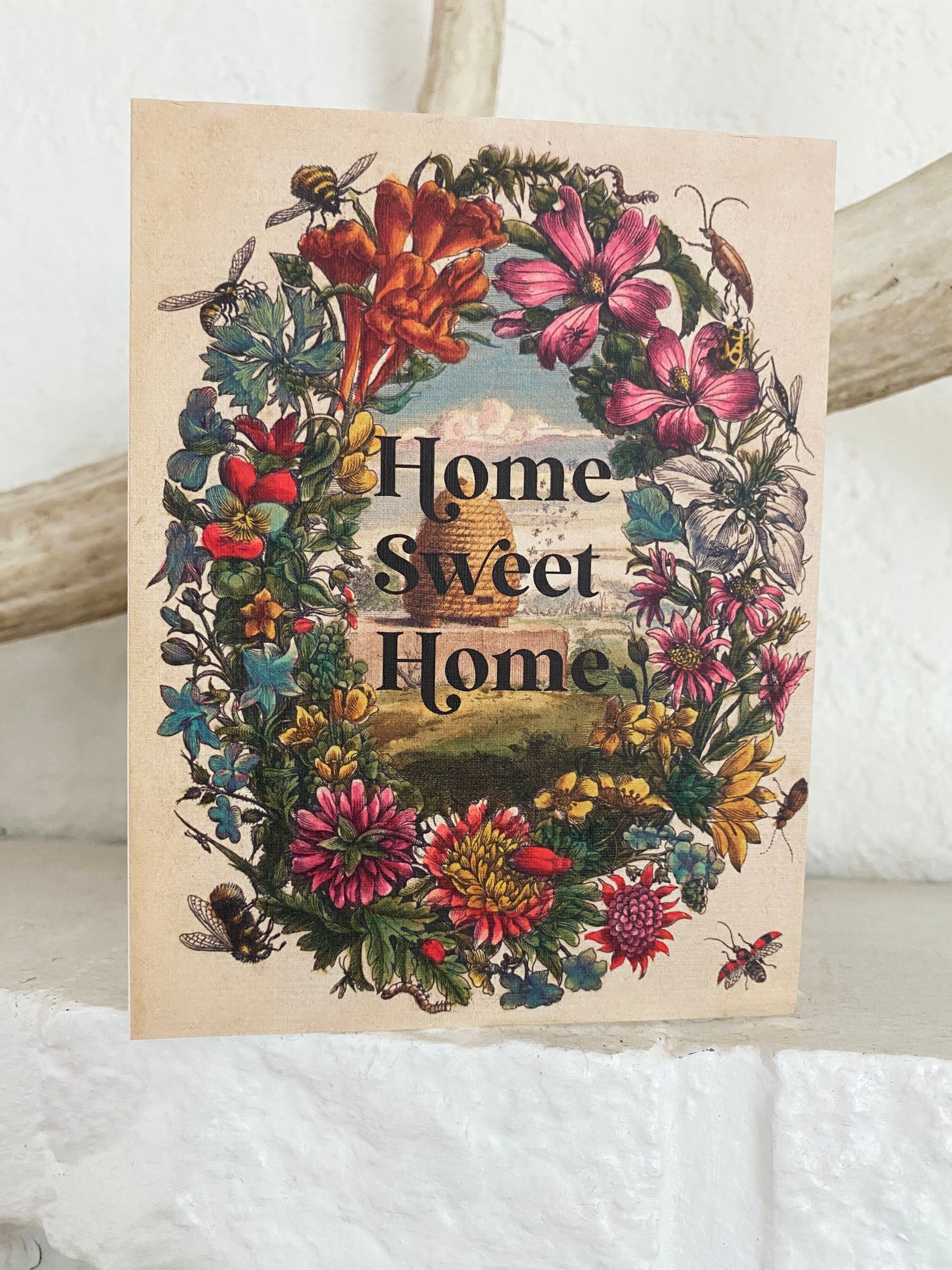 cute vintage retro style card with beehive home sweet home classic woodland garden flowers card Coin Laundry card pink red flowers garden