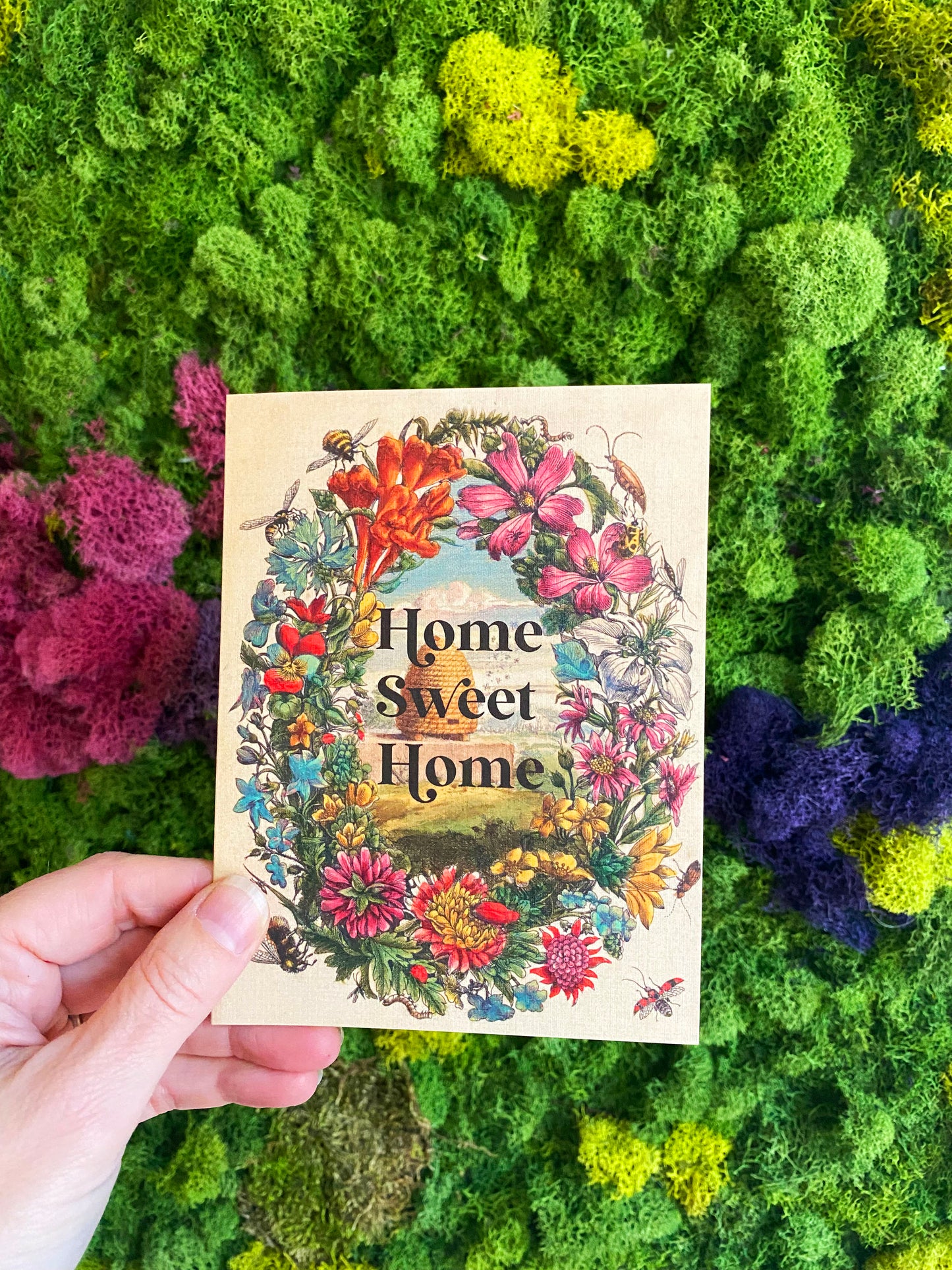 Home Sweet Home greeting card with flowers floral wreath pink and red blooms bee bees and honeycomb bee hive cute retro vintage style design snail mail coin laundry printed card