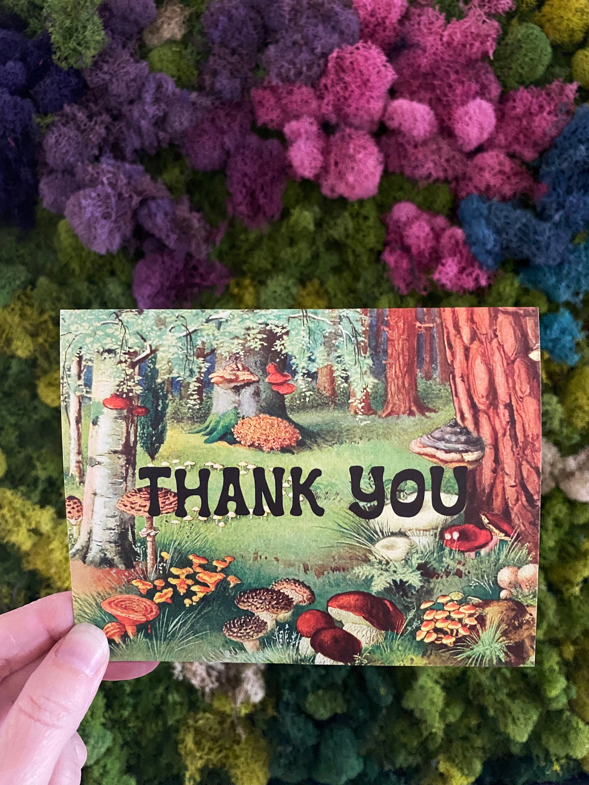 thank you note card notecard snail mail write a letter woods trees mushies mushrooms leaves flowers grass nature outdoor scene 