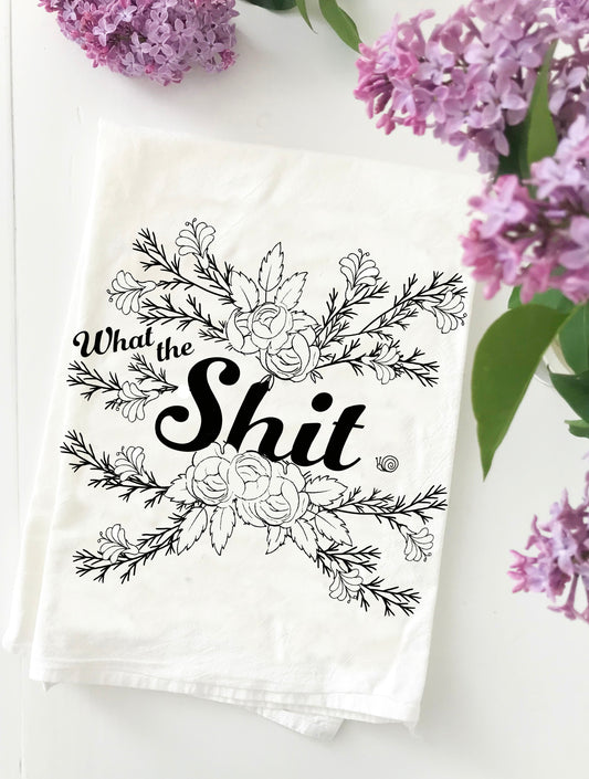 funny cotton tea towel what the shit floral screen print black and white vintage style coin laundry montana 