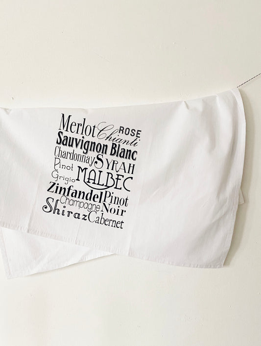 kitchen towel with wine names in type screen print